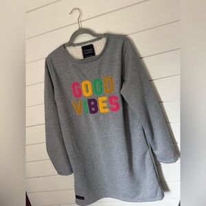 Simply Southern Gray Sweatshirt Dress with Colorful 'Good Vibes'